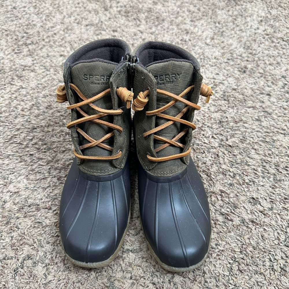 Sperry Saltwater Duck Boots Womens 6.5 Olive Green Black Waterproof STS99729